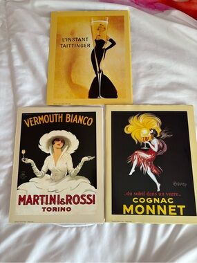 3pc Vintage Bar Cart Art Posters Martini Cognac Taittinger